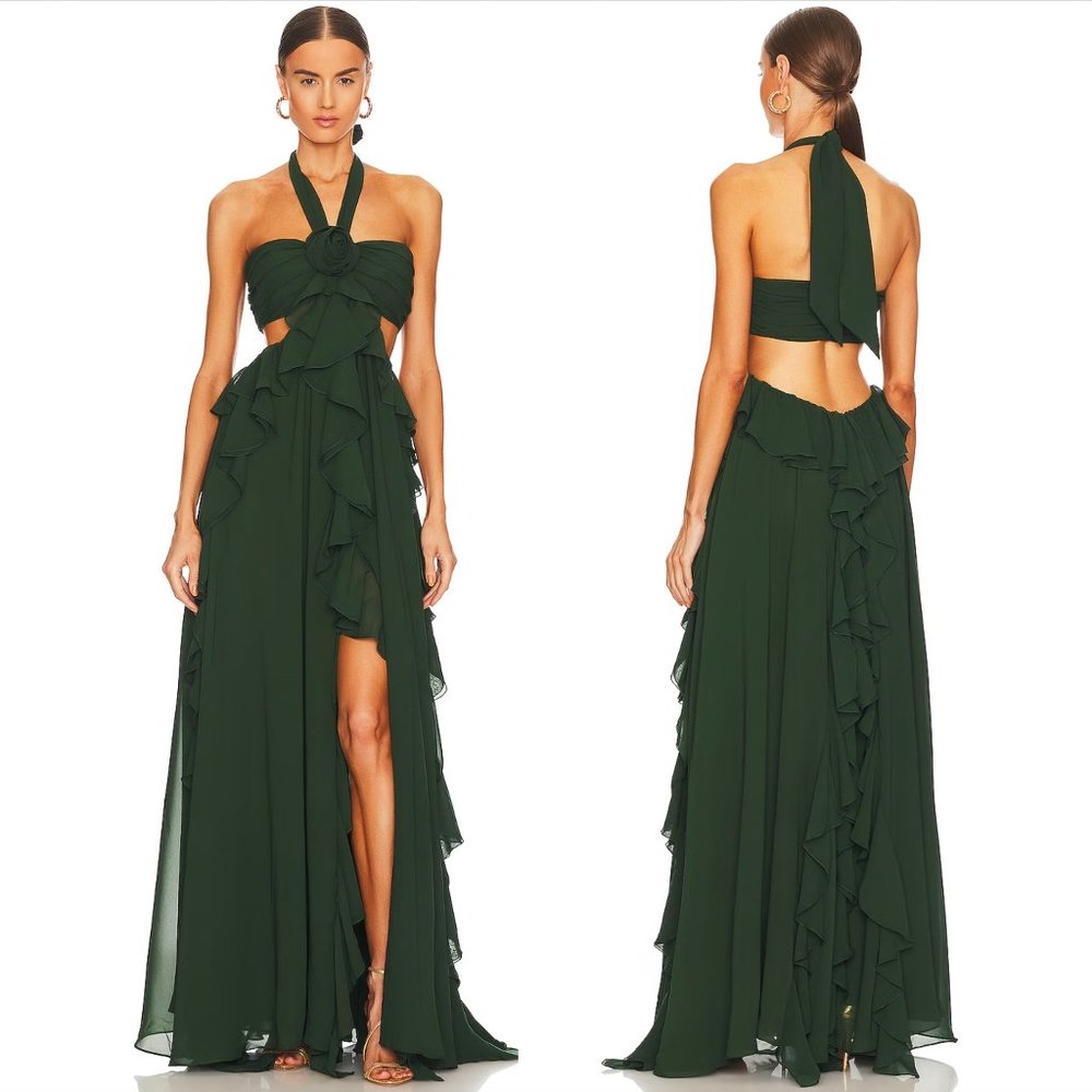 NEW Ronny Kobo Kait Dress in Teal Dark Green Halter Bandeau Maxi Gown Large L